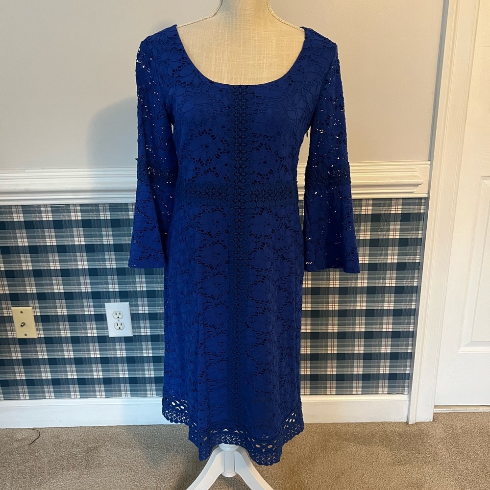 Long Bell Sleeve Lace Alfani Dress - Dark Blue - Size Small